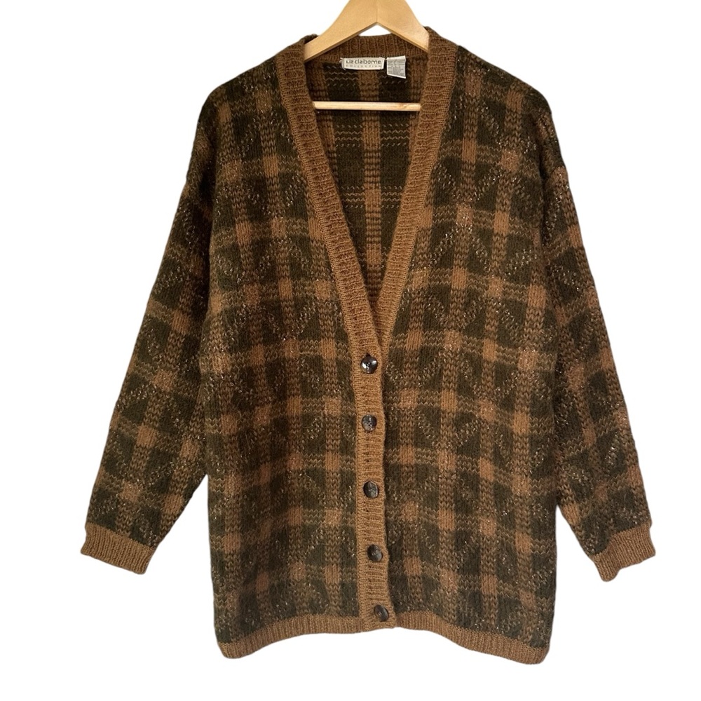 Liz Claiborne Brown and Olive Plaid Open-Front Cardigan